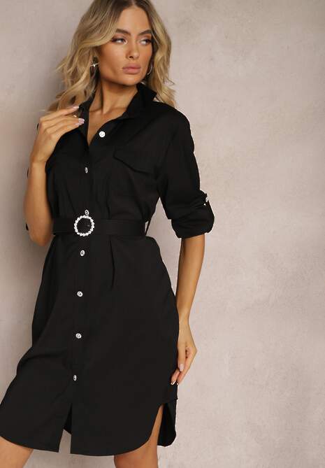 Czarna Koszulowa Sukienka Utility z Eleganckim Paskiem w Komplecie Miriams