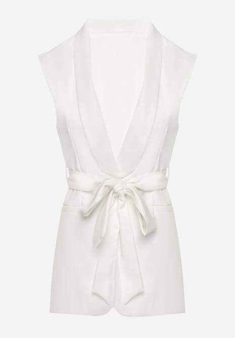 Biała Elegancka Kamizelka Stylizowana na Wiązaną Marynarkę Bez Rękawów Qirama 6