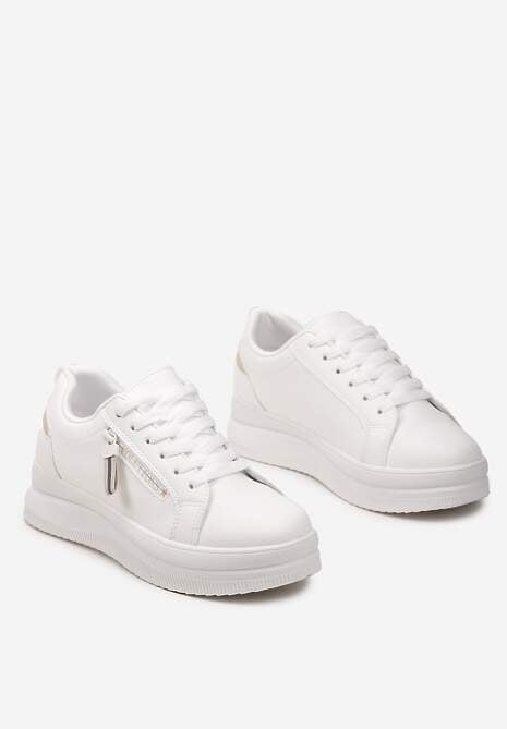 Biało-Beżowe Sneakersy na Niskiej Platformie z Ozdobnym Suwakiem na Boku Pertia 5