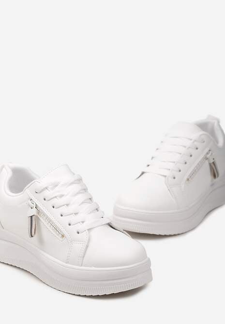 Biało-Beżowe Sneakersy na Niskiej Platformie z Ozdobnym Suwakiem na Boku Pertia 6