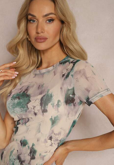 Rochie Bej-Verde Conică din Material Transparent Sacoma 5