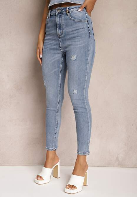 Blugi Skinny Casual Bleu Deschis din Bumbac cu Zgârieturi pe Picioare Cirea 4