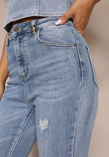 Blugi Skinny Casual Bleu Deschis din Bumbac cu Zgârieturi pe Picioare Cirea 5