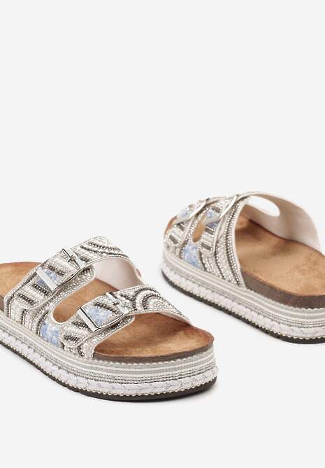 Papuci Albe cu Talpă Groasă Decorate cu Model Boho cu Pietre și Catarame Meepka 6