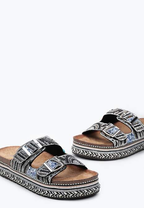 Clapete Negre cu Platformă Groasă Decorate cu Model Boho cu Zirconiu și Catarame Meepka 6