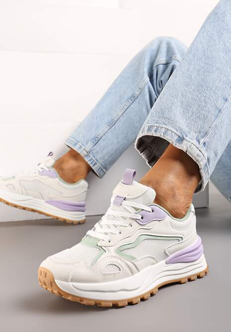 Beżowo-Fioletowe Sneakersy na Niskiej Platformie z Siateczką z Ozdobnymi Wstawkami Lelphine