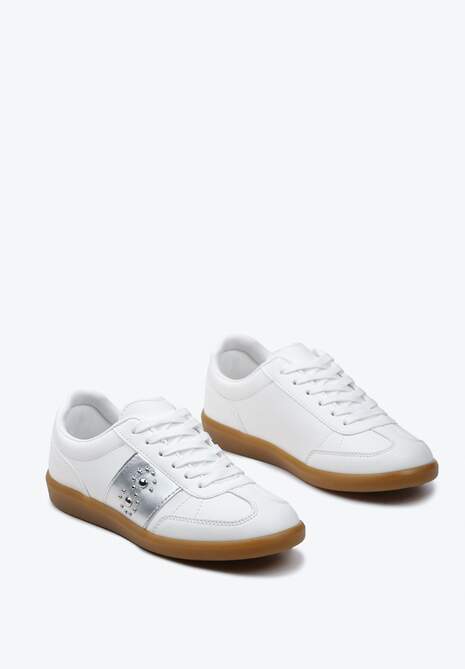 Sneakers Albi-Argintii cu Talpă Plată cu șiret și Inserție Decorativă Drukesti 5