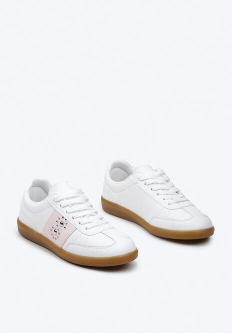 Sneakerși Albi-Roz pe Talpă Plată cu Legare și Inserție Decorativă Drukesti 5