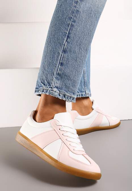 Różowo-Białe Sneakersy Tenisówki z Ozdobnymi Przeszyciami Sumina