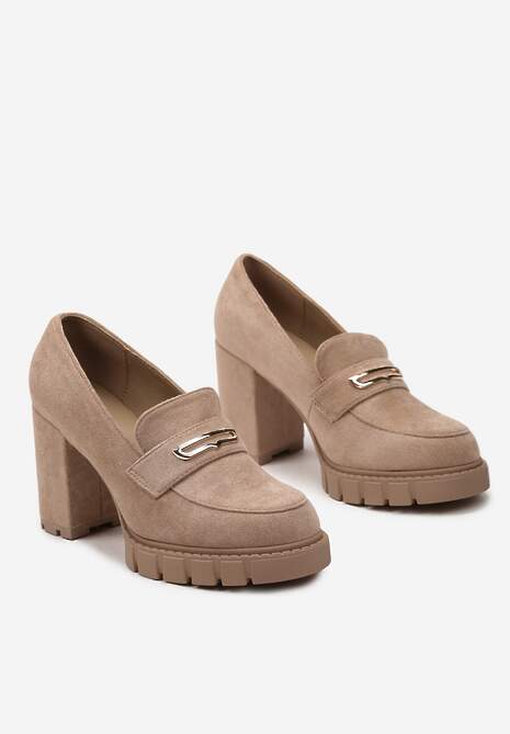 Ciemnobeżowe Półbuty w Typie Mokasynów na Wysokim Słupku i Platformie Robetta 5
