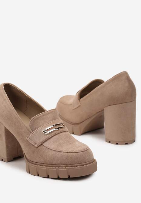 Ciemnobeżowe Półbuty w Typie Mokasynów na Wysokim Słupku i Platformie Robetta 6