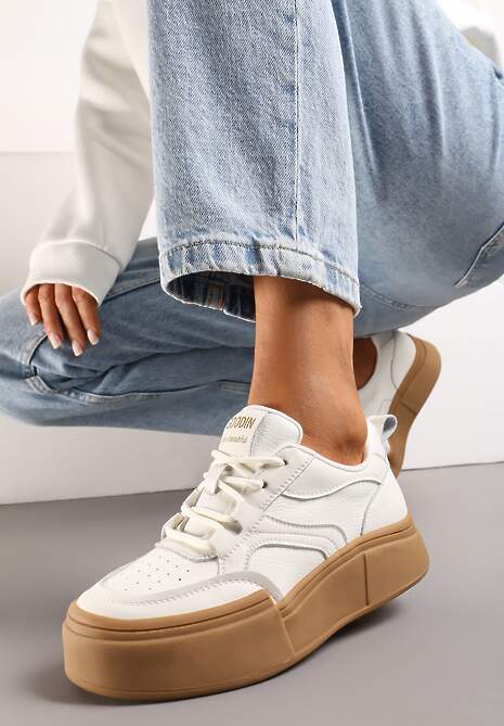Biało-Brązowe Sneakersy z Naturalnej Skóry na Niskiej Platformie Adileman