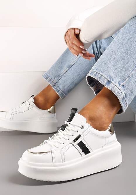Białe Sneakersy ze Skóry Naturalnej na Platformie Ahama