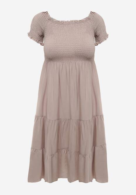 Rochie de vară din bumbac bej deschis tip șpaniolă cu volane evazate Lorania 6