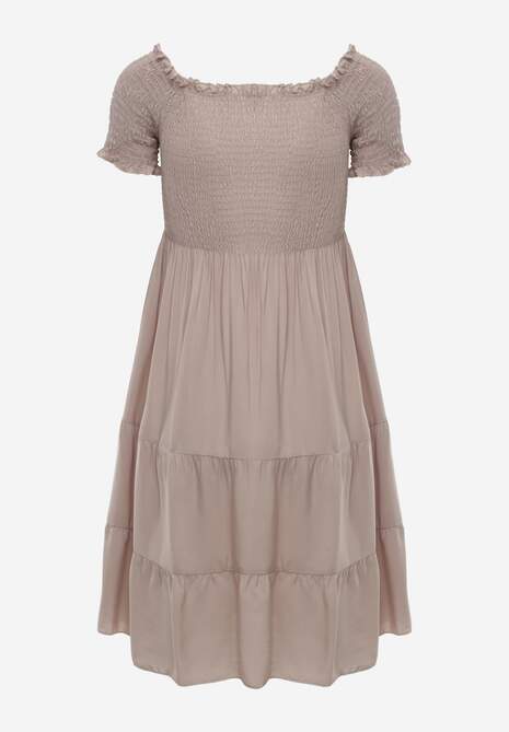 Rochie de vară din bumbac bej deschis tip șpaniolă cu volane evazate Lorania 7