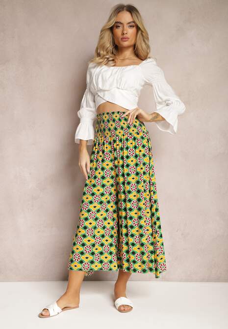 Galben-Verzi Largi Pantaloni Culottes din Țesătură de Bumbac cu Model Mozaic Miratte 4