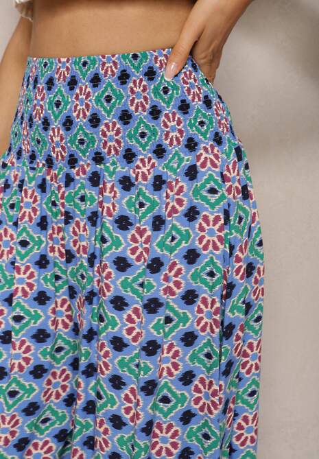 Pantaloni largi albaștri tip Culottes din material de bumbac cu model mozaic Miratte 5