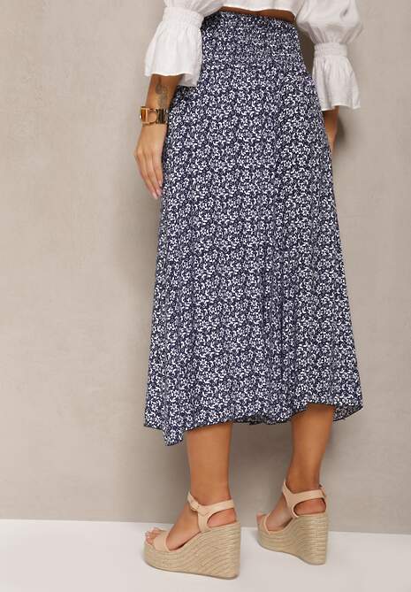 Pantaloni Culottes din Bumbac Bleumarin cu Elastic Lat în Talie și Imprimeu Floral Pellagia 5