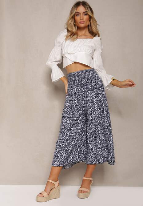 Pantaloni Culottes din Bumbac Bleumarin cu Elastic Lat în Talie și Imprimeu Floral Pellagia 4