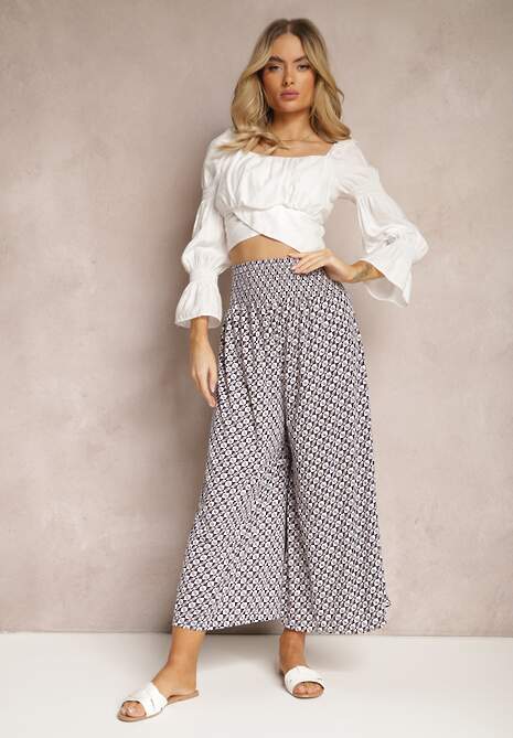 Bleumarin-Alb Pantaloni High Waist din Bumbac cu Picior Larg și Elastic Nereialla 4