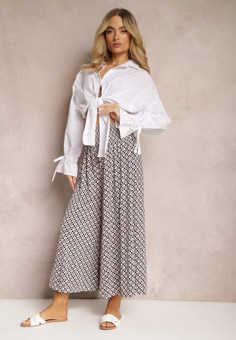 Czarno-Beżowe Spodnie High Waist z Bawełny z Rozszerzanymi Nogawkami i Gumką Nereialla 4