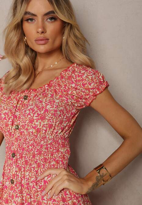 Rochie Fucsia din Bumbac de Vară tip Carmen cu Elastic în Talie Ledas 5