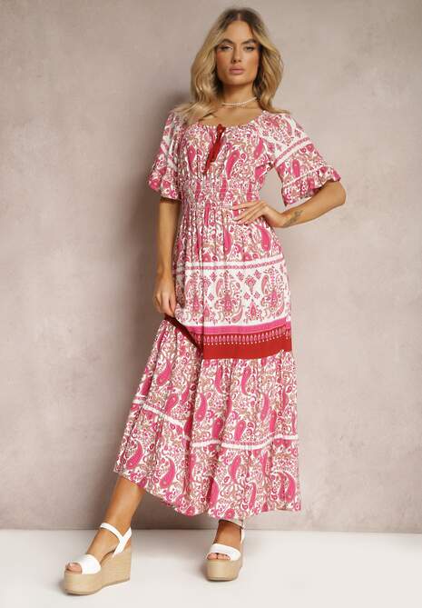 Rochie Fucsia din Bumbac cu Fundă Decorativă și Elastic în Talie Betelia 4