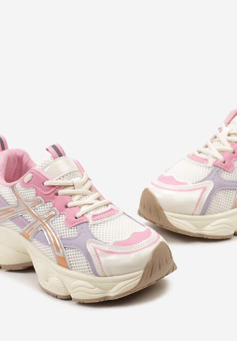 Beżowo-Różowe Sneakersy z Siateczkowymi Wstawkami i Tłoczoną Platformą Incassi 6