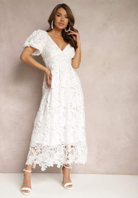 Biała Ażurowa Sukienka Koktajlowa z Bufiastymi Krótkimi Rękawami Berosa
