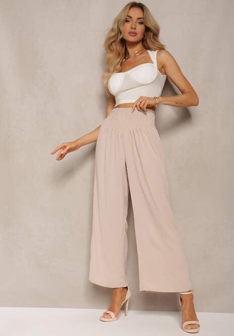 Pantaloni Culotes Bej Cu Talie Înaltă Și Elastic În Talie Lipadre 4