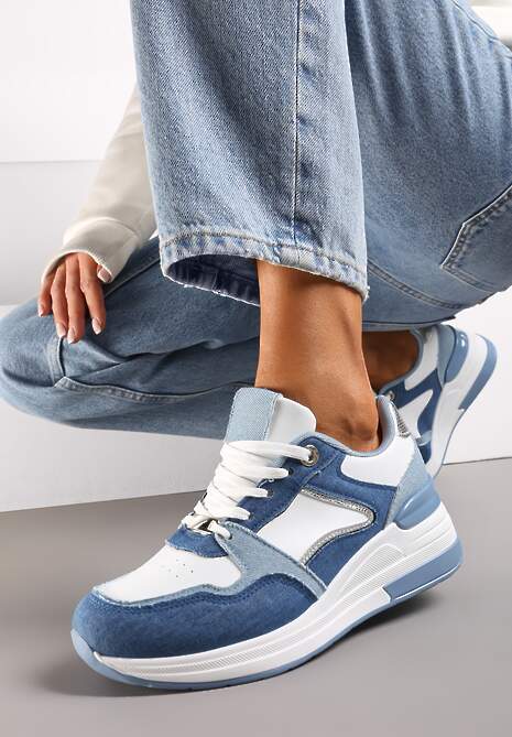 Niebiesko-Białe Sneakersy na Niskim Koturnie z Materiałowymi Wstawkami Aquamarine
