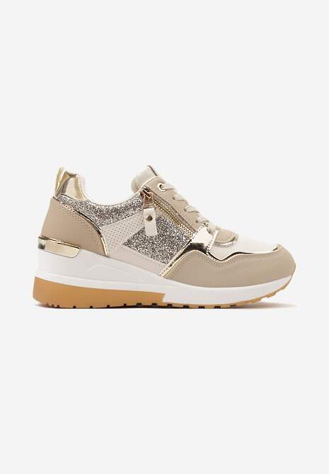 Sneakers Bej-Auriu pe Platformă Joasă cu Fermoar și Inserții Liorrama 4
