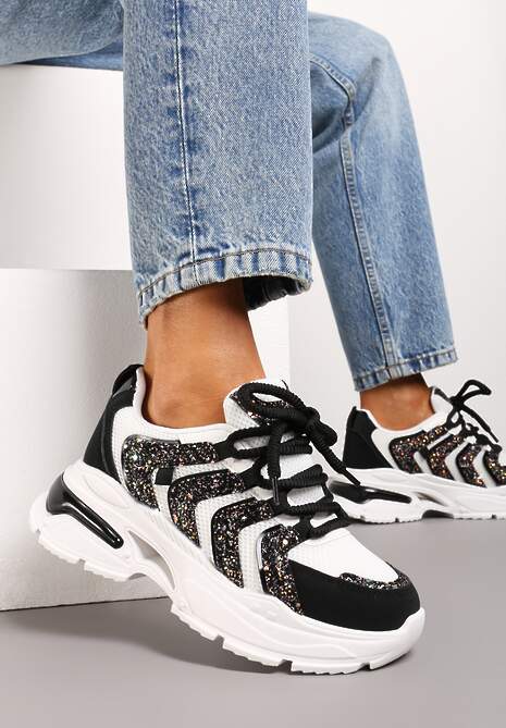 Czarno-Białe Sneakersy na Tłoczonej Platformie z Brokatowymi Wstawkami Nalu