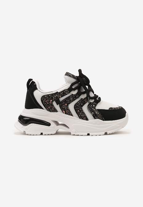Czarno-Białe Sneakersy na Tłoczonej Platformie z Brokatowymi Wstawkami Nalu 4