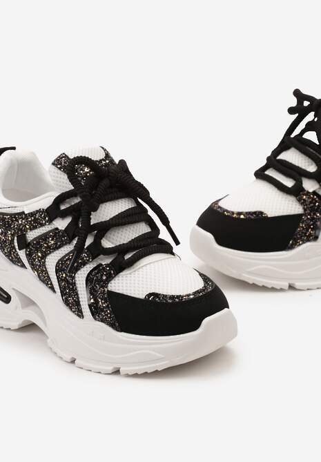 Czarno-Białe Sneakersy na Tłoczonej Platformie z Brokatowymi Wstawkami Nalu 6