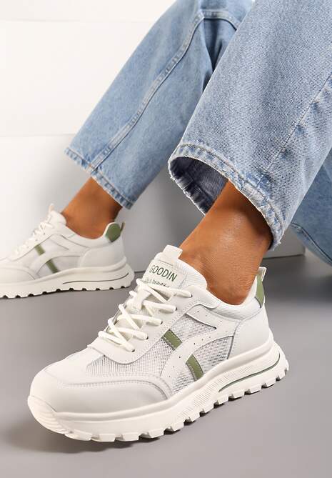 Biało-Zielone Skórzane Sneakersy z Modnymi Wstawkami z Siateczki Apheni