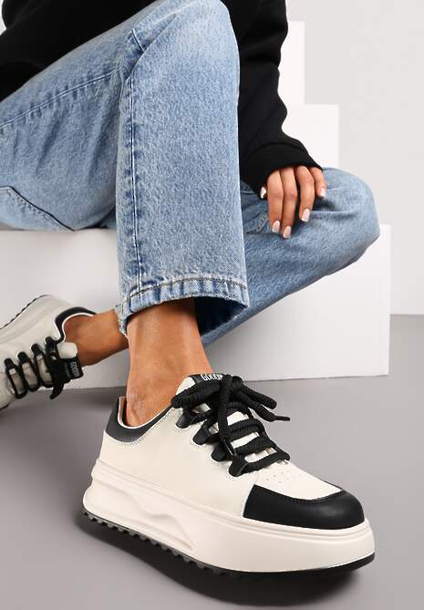 Biało-Czarne Sneakersy ze Skóry Naturalnej z Platformą i Szerokimi Sznurówkami Talthea