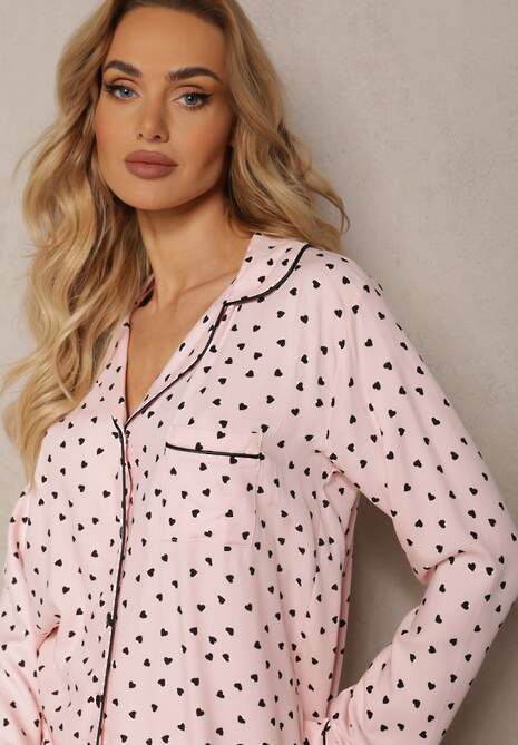 Set Pijamale Roz din Viscoză cu Imprimeu Cămașă cu Nasturi și Pantaloni cu Elastic Pirosa 4
