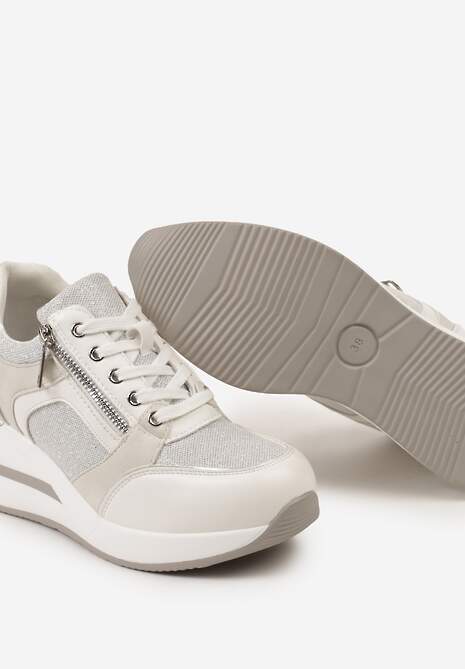Sneakerși Albi pe Platformă cu Fermoar și Inserție Metalică Ellieti 6