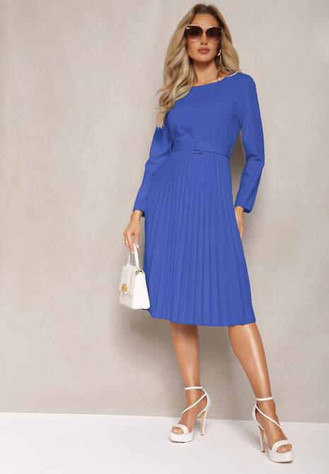 Rochie midi plisată bleumarin cu curea în talie Pailomena 4