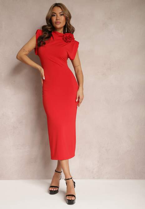 Czerwona Dopasowana Sukienka Midi z Kwiatkiem w Postaci Broszki Olivetta