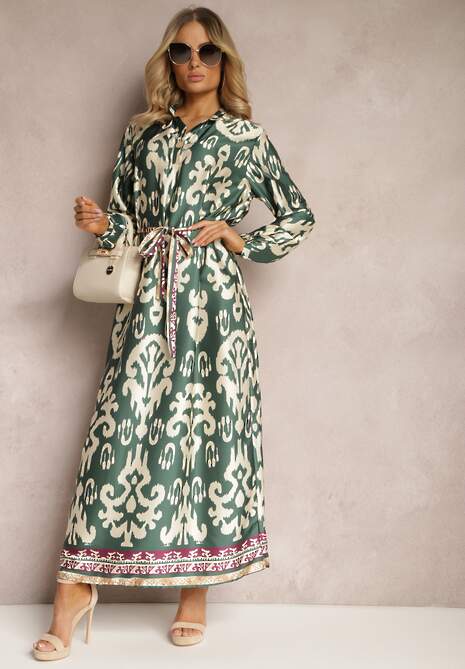 Zielona Pudełkowa Sukienka Satynowa z Paskiem w Talii w Ornamentalny Print Tarosa