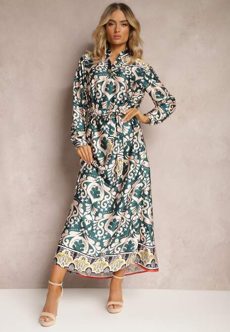 Rochie Verde-Bej din Satin cu Model Ornamental și Croială Tip Box Elirosa 4