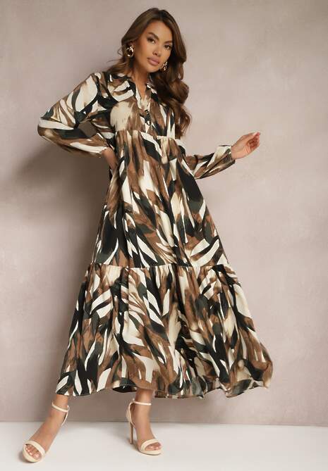 Beżowo-Brązowa Rozkloszowana Sukienka o Koszulowym Fasonie w Abstrakcyjny Print Asequa