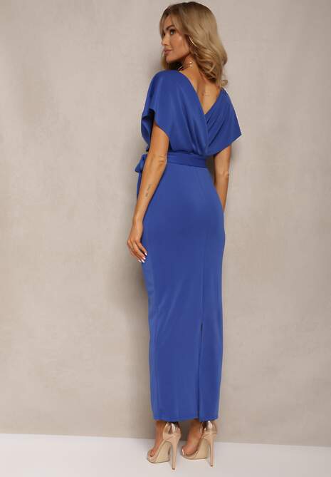 Rochie bleumarin de cocktail cu decolteu triunghiular și curea din material cu fantă Wilni 4