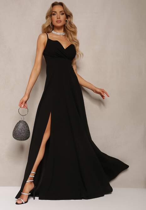 Czarna Elegancka Sukienka o Rozkloszowanym Kroju z Rozcięciem na Ramiączkach z Kopertowym Dekoltem Winelia