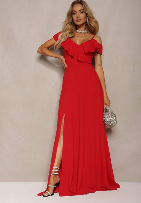 Czerwona Rozkloszowana Sukienka Typu Hiszpanka na Ramiączkach z Rozcięciem Neroli