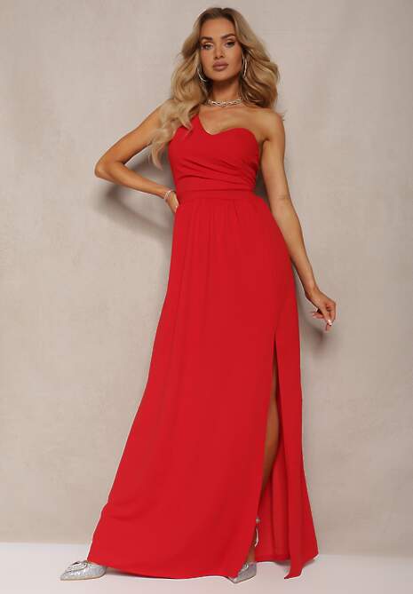 Czerwona Asymetryczna Koktajlowa Sukienka o Długim Rozkloszowanym Kroju Erulia