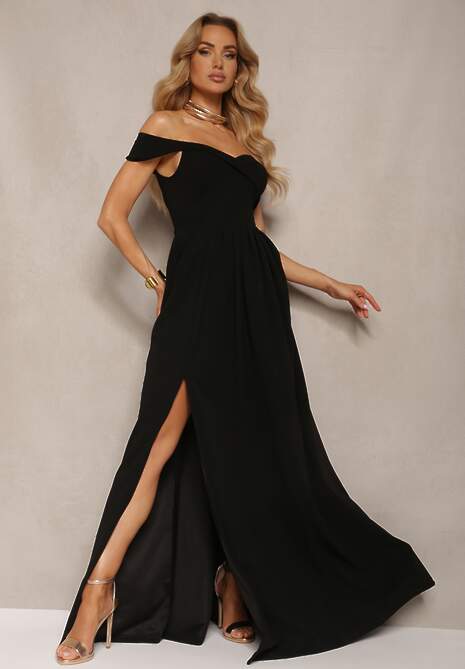 Czarna Elegancka Długa Sukienka Hiszpanka Wykończona Rozcięciem na Dole Idelia