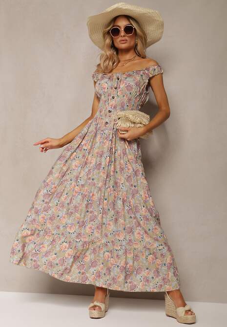 Jasnozielona Kwiecista Sukienka Rozkloszowana z Bawełny na Ramiączkach Kalassia